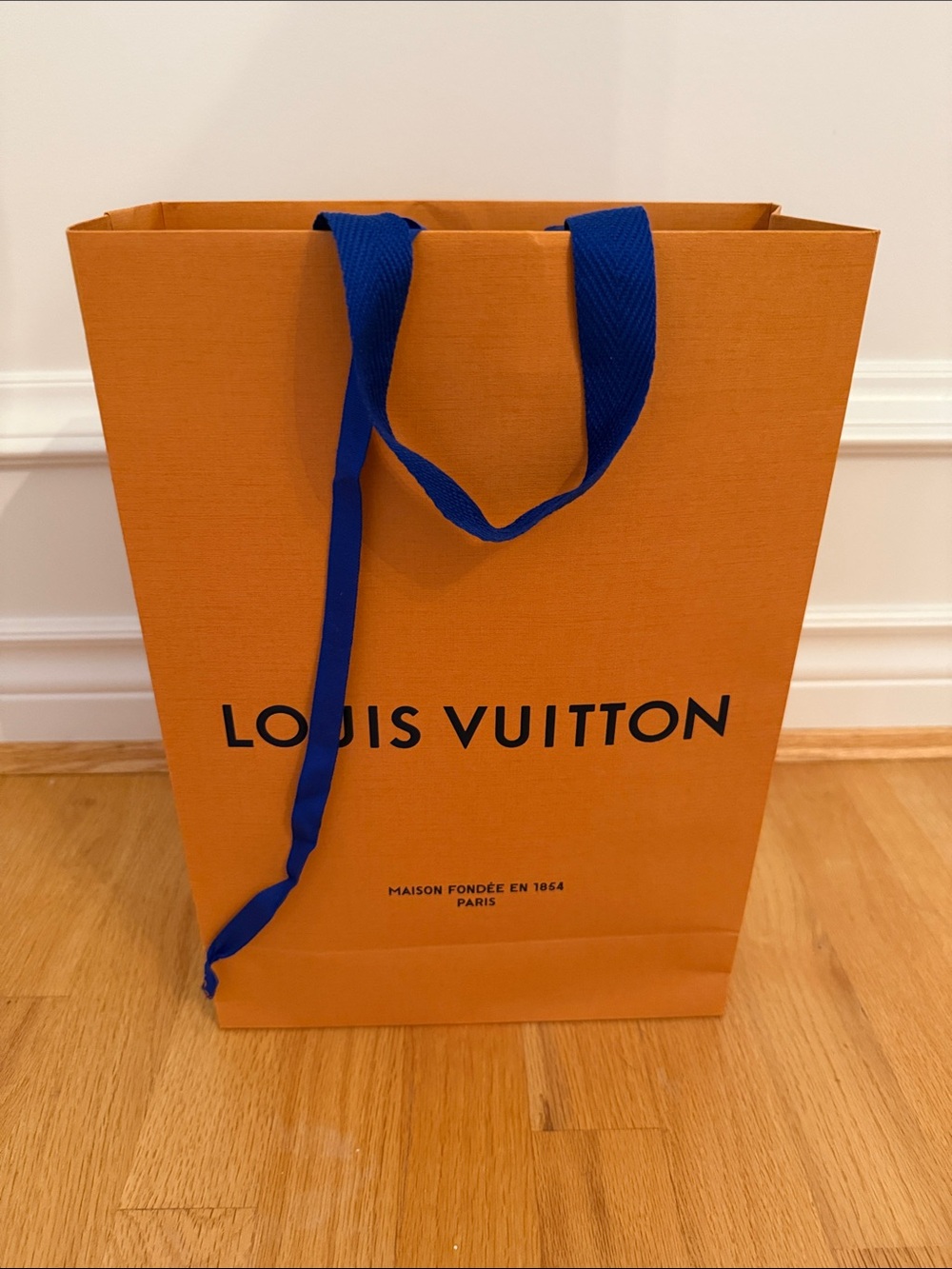 Louis Vuitton Orange Shopping Bag with Blue Ribbon Handles